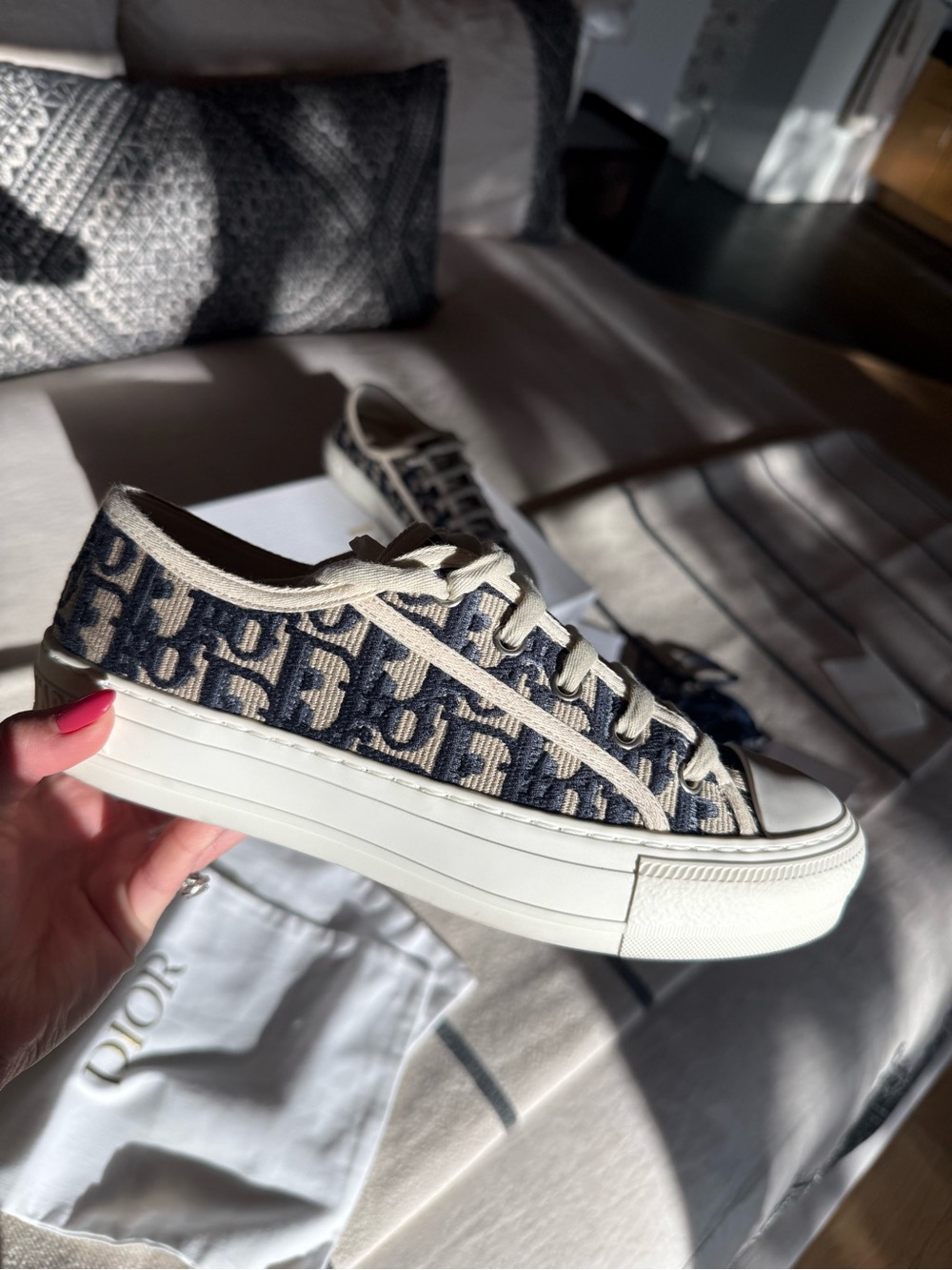 Dior Canvas Oblique Low-Top Sneakers in Navy and Cream